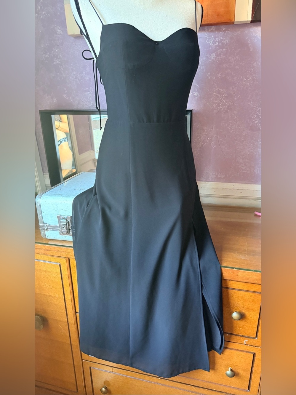 Quintessential Little Black Midi Dress Slim fit and adjustable spaghetti straps - Picture 4 of 14